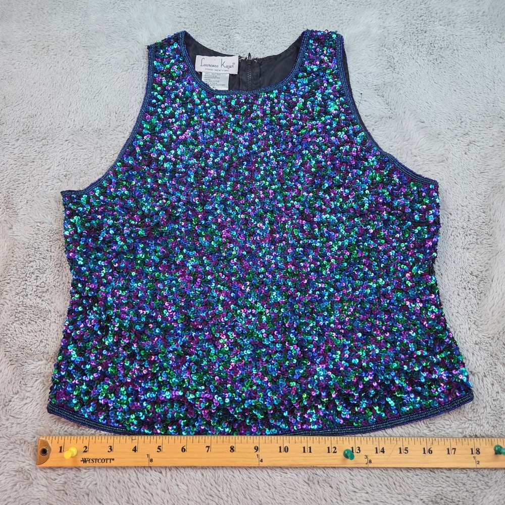 Vtg Laurence Kazar Silk Sequin Tank Top Women XL Lined Back Zip Purple Teal Blue